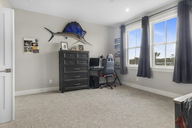 home office with carpet floors, recessed lighting, and baseboards