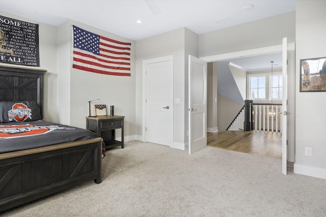 bedroom with recessed lighting, carpet, and baseboards