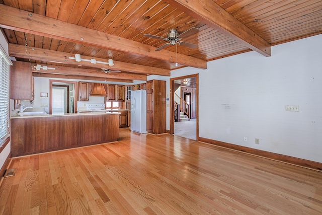 unfurnished living room featuring light wood-style floors, wooden ceiling, a ceiling fan, and visible vents