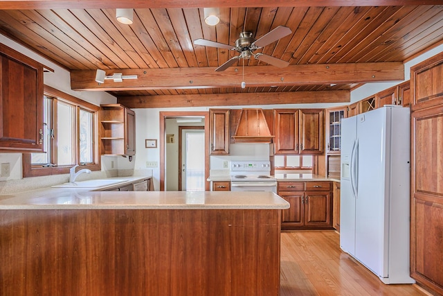 kitchen with white appliances, premium range hood, wooden ceiling, a sink, and light wood-style flooring