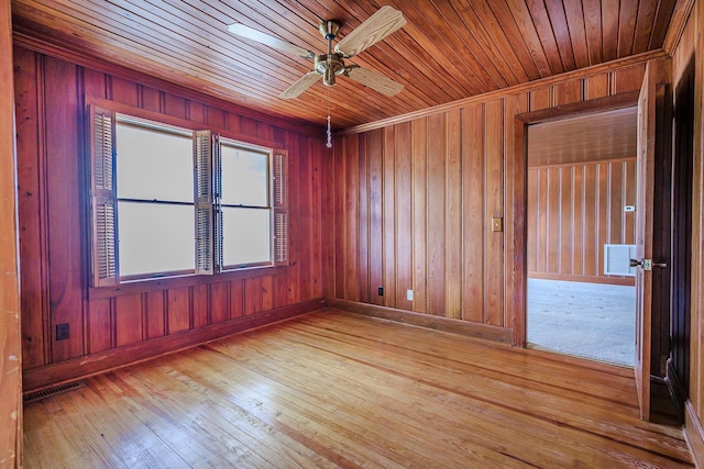 spare room featuring a ceiling fan, hardwood / wood-style flooring, wooden ceiling, baseboards, and wooden walls