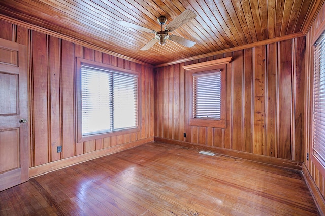 unfurnished room featuring plenty of natural light and wood walls