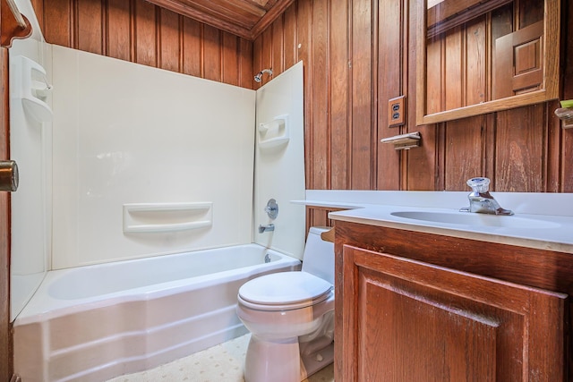 full bath featuring bathing tub / shower combination, wood walls, vanity, and toilet