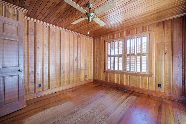 unfurnished room featuring ceiling fan, wood walls, visible vents, wood ceiling, and hardwood / wood-style flooring
