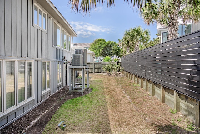 view of yard with central AC and a fenced backyard