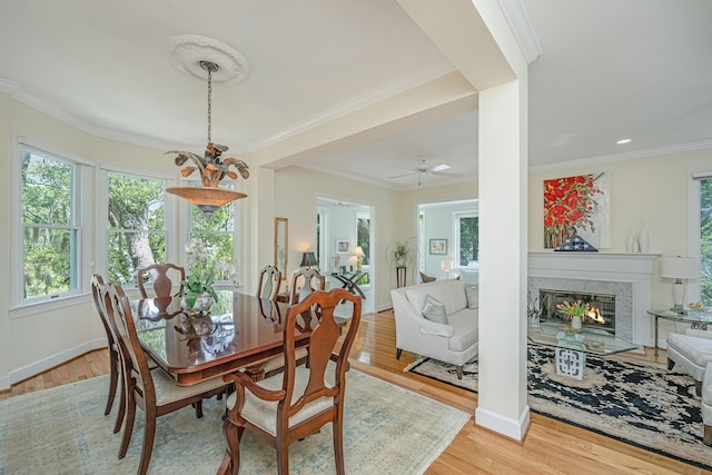 5847 Back Bay Dr, Isle Of Palms, SC 29451 - dining area with light wood-type flooring, ornamental molding, a fireplace, and baseboards