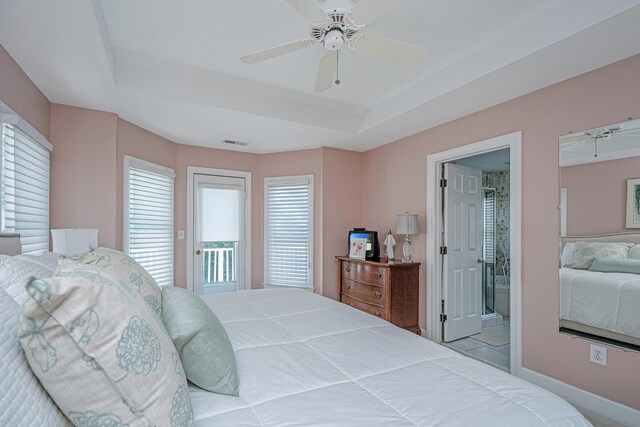 5847 Back Bay Dr, Isle Of Palms, SC 29451 - bedroom with a tray ceiling, access to outside, ceiling fan, and connected bathroom