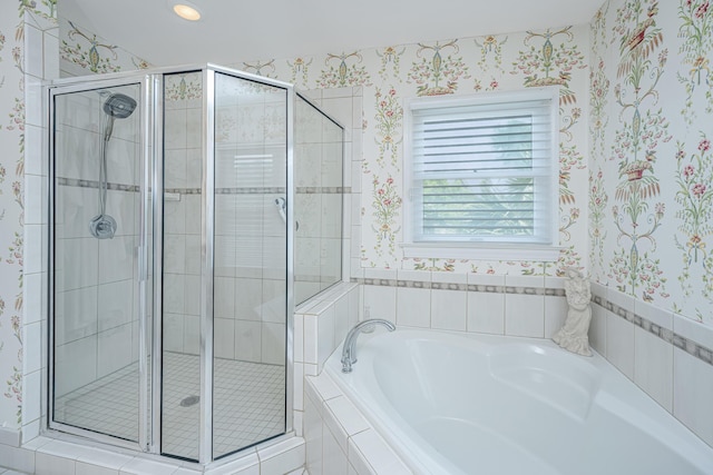 5847 Back Bay Dr, Isle Of Palms, SC 29451 - full bath featuring a bath, a shower stall, wallpapered walls, and recessed lighting