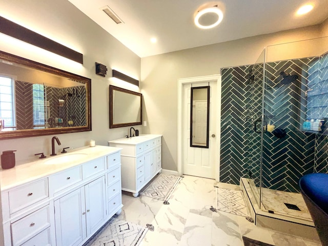 6212 Fieldstone Cir, Charleston, SC 29414 - full bathroom featuring a shower stall, two vanities, marble look tiles, and recessed lighting