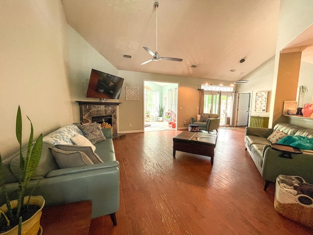 6212 Fieldstone Cir, Charleston, SC 29414 - living area with wood-type flooring, high vaulted ceiling, a ceiling fan, a fireplace with raised hearth, and baseboards