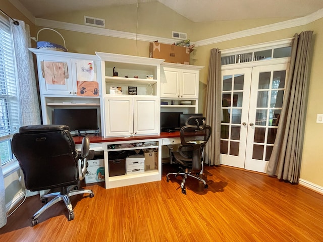 6212 Fieldstone Cir, Charleston, SC 29414 - office featuring french doors, lofted ceiling, light wood-type flooring, ornamental molding, and built in desk