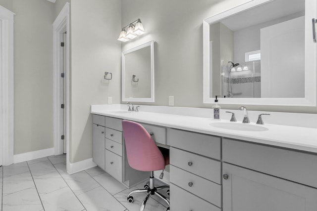 bathroom with vanity and walk in shower