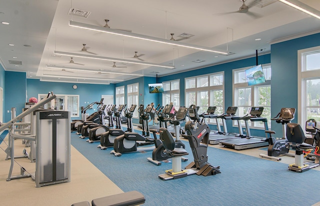 gym with ceiling fan and carpet floors