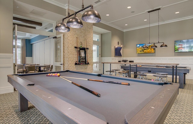 recreation room with crown molding, pool table, and carpet flooring