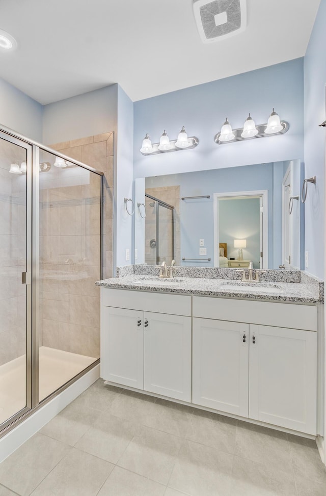 136 Rowans Creek Dr, Charleston, SC 29492 - bathroom with a stall shower, tile patterned floors, and double vanity