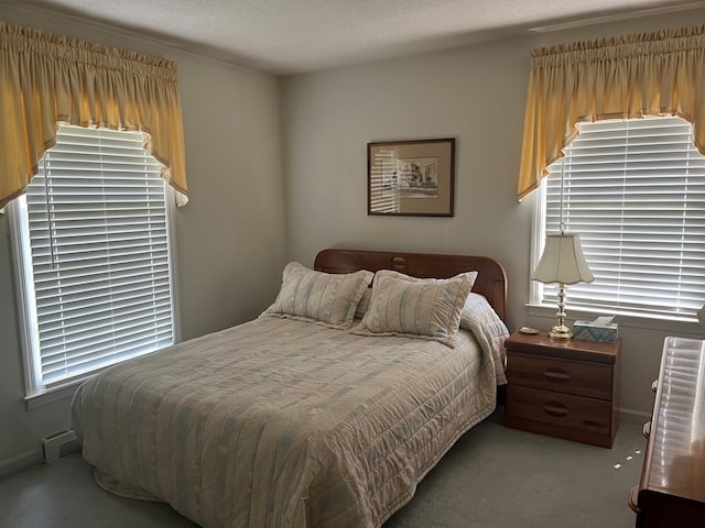 carpeted bedroom featuring a baseboard radiator, multiple windows, and a textured ceiling