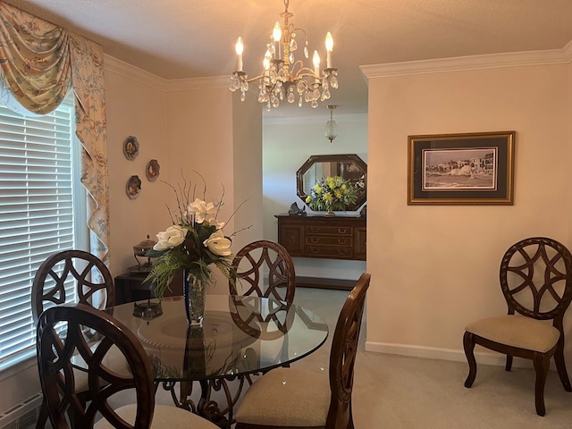 dining room with a notable chandelier, crown molding, a wealth of natural light, and light colored carpet