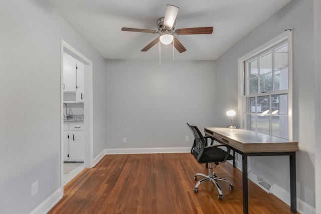 home office featuring ceiling fan and dark hardwood / wood-style flooring