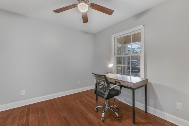 office space with wood-type flooring and ceiling fan