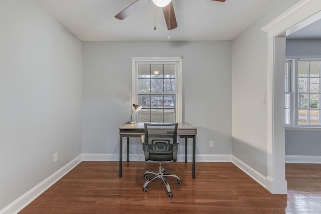 office featuring ceiling fan and wood-type flooring