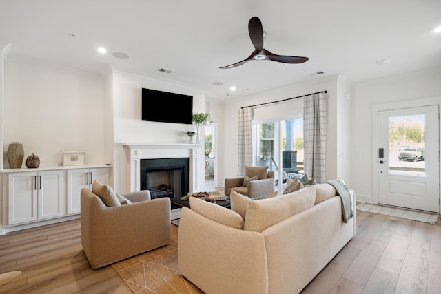 living room with ceiling fan, light wood-type flooring, and crown molding