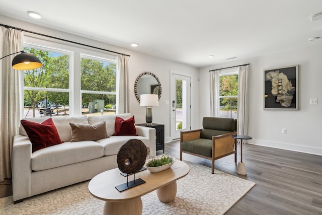 living room featuring baseboards, wood finished floors, and recessed lighting