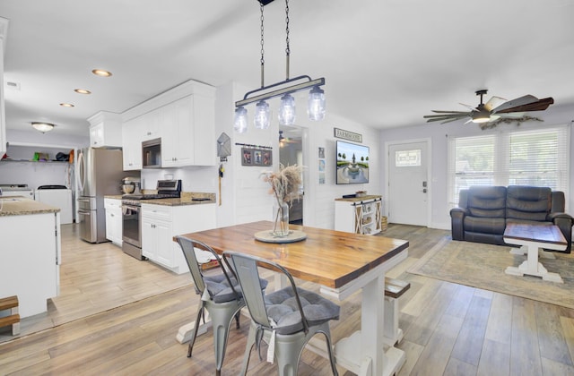 1861 Jaywood Cir, Charleston, SC 29407 - dining space with recessed lighting, light wood-style flooring, a ceiling fan, and washing machine and dryer