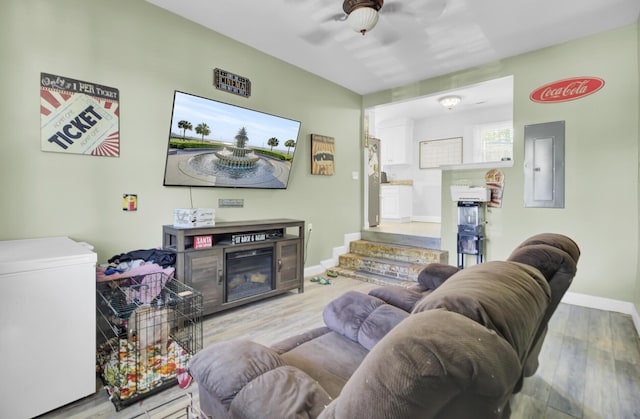1861 Jaywood Cir, Charleston, SC 29407 - living area featuring wood finished floors, electric panel, baseboards, and ceiling fan