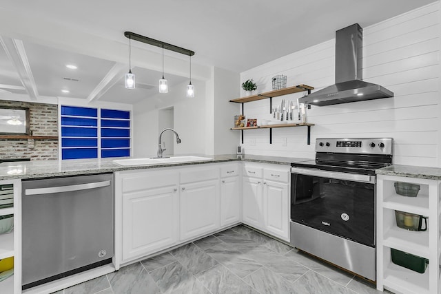 1909 Swift Ave, Charleston, SC 29407 - kitchen with stainless steel appliances, wall chimney exhaust hood, open shelves, white cabinets, and light stone countertops