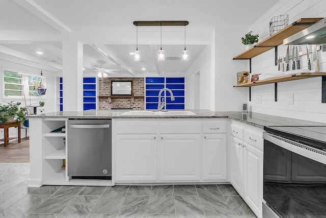 1909 Swift Ave, Charleston, SC 29407 - kitchen with open shelves, dishwasher, electric stove, light stone countertops, and beam ceiling