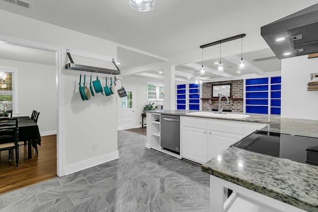 1909 Swift Ave, Charleston, SC 29407 - kitchen featuring stainless steel dishwasher, a ceiling fan, white cabinetry, stone countertops, and recessed lighting