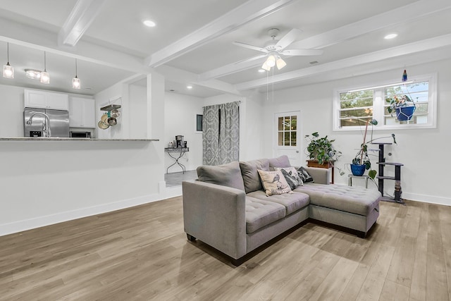 1909 Swift Ave, Charleston, SC 29407 - living room featuring beamed ceiling, light wood-type flooring, ceiling fan, and recessed lighting