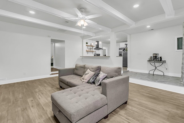 1909 Swift Ave, Charleston, SC 29407 - living area with beam ceiling, a ceiling fan, light wood-style floors, and recessed lighting