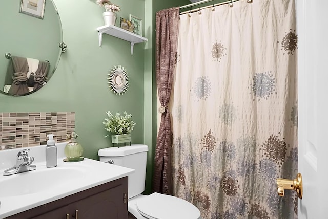 8692 Bentwood Dr, North Charleston, SC 29406 - full bathroom with vanity, decorative backsplash, and a shower with curtain
