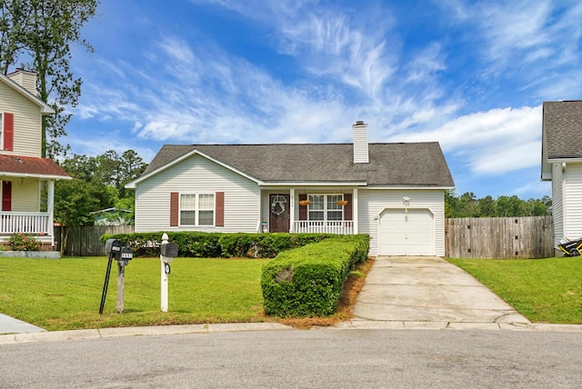 8692 Bentwood Dr, North Charleston, SC 29406 - view of front of house with covered porch, concrete driveway, an attached garage, and a chimney
