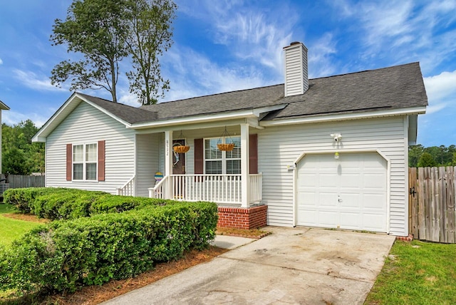 8692 Bentwood Dr, North Charleston, SC 29406 - ranch-style house with a porch, an attached garage, a chimney, driveway, and roof with shingles