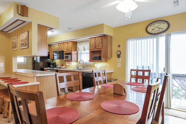 dining space with a textured ceiling, ceiling fan, a healthy amount of sunlight, and sink