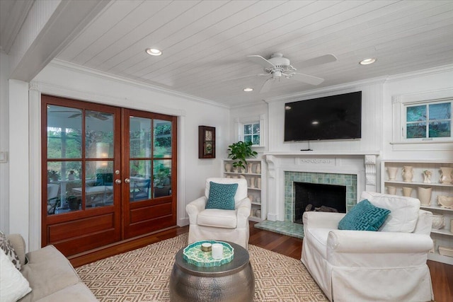 375 Seewee Cir, Mount Pleasant, SC 29464 - living area with french doors, wood finished floors, ornamental molding, wooden ceiling, and ceiling fan