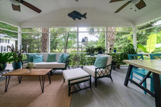 375 Seewee Cir, Mount Pleasant, SC 29464 - sunroom featuring ceiling fan, an outdoor hangout area, lofted ceiling, and plenty of natural light