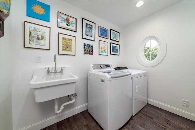 375 Seewee Cir, Mount Pleasant, SC 29464 - laundry area featuring washer and clothes dryer, baseboards, dark wood-style floors, and recessed lighting