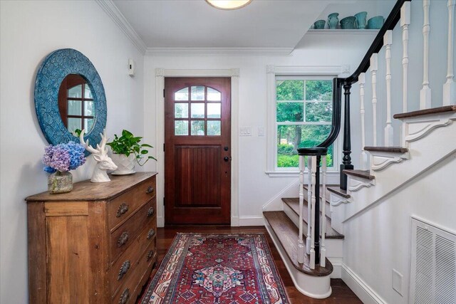 375 Seewee Cir, Mount Pleasant, SC 29464 - entryway with stairway, dark wood-style flooring, baseboards, and ornamental molding