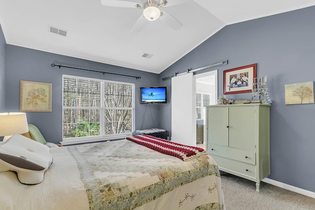 544 Beverly Dr, Summerville, SC 29485 - bedroom with visible vents, carpet floors, vaulted ceiling, a barn door, and baseboards