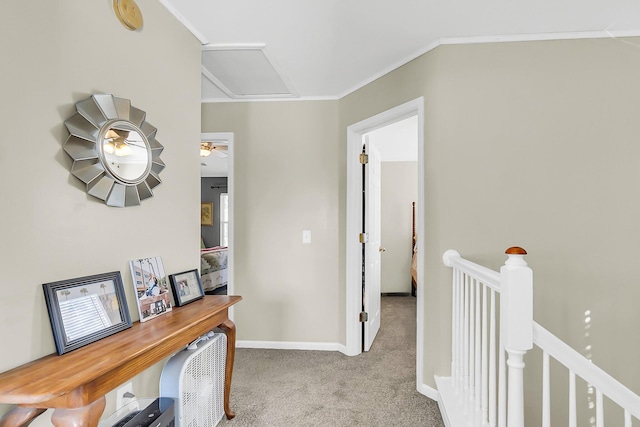 544 Beverly Dr, Summerville, SC 29485 - hallway with crown molding, baseboards, carpet, and an upstairs landing