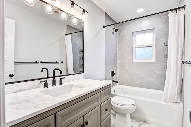 1052 Yorktown Dr, Charleston, SC 29412 - full bath featuring vanity, shower / bath combo, recessed lighting, and marble finish flooring
