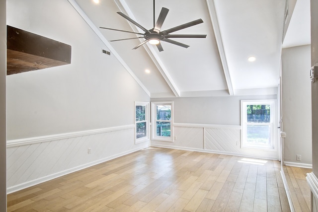 1052 Yorktown Dr, Charleston, SC 29412 - unfurnished living room with a ceiling fan, light wood-type flooring, a wainscoted wall, and recessed lighting