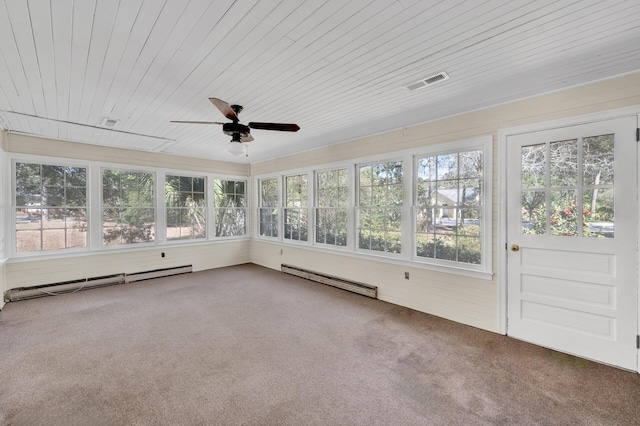 unfurnished sunroom with a ceiling fan, visible vents, and a baseboard radiator