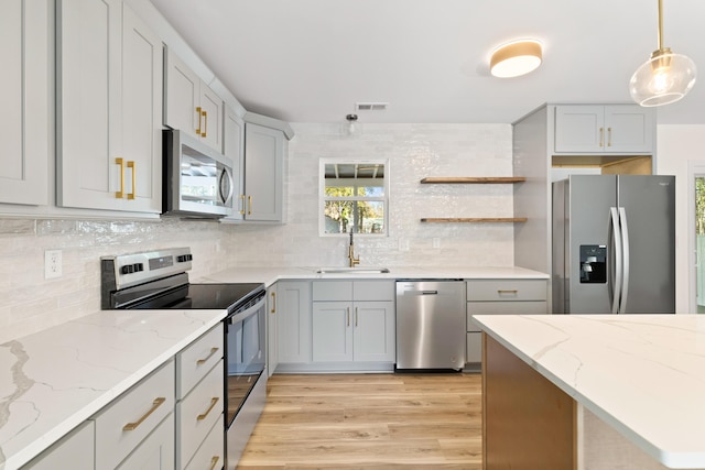 kitchen featuring appliances with stainless steel finishes, light wood-type flooring, tasteful backsplash, sink, and pendant lighting