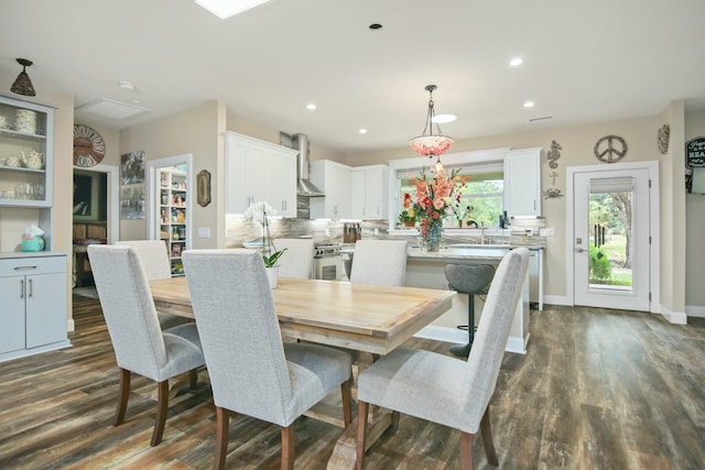 dining space featuring dark hardwood / wood-style flooring and sink