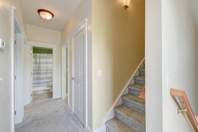 stairway with carpet flooring and baseboards