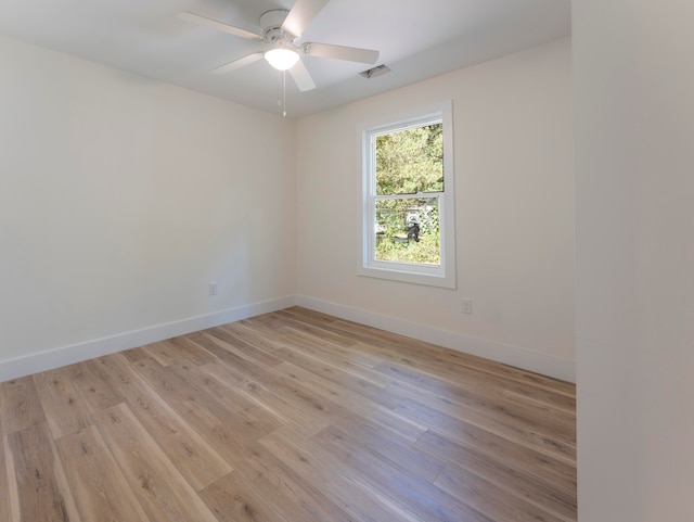 spare room featuring ceiling fan and light wood-type flooring